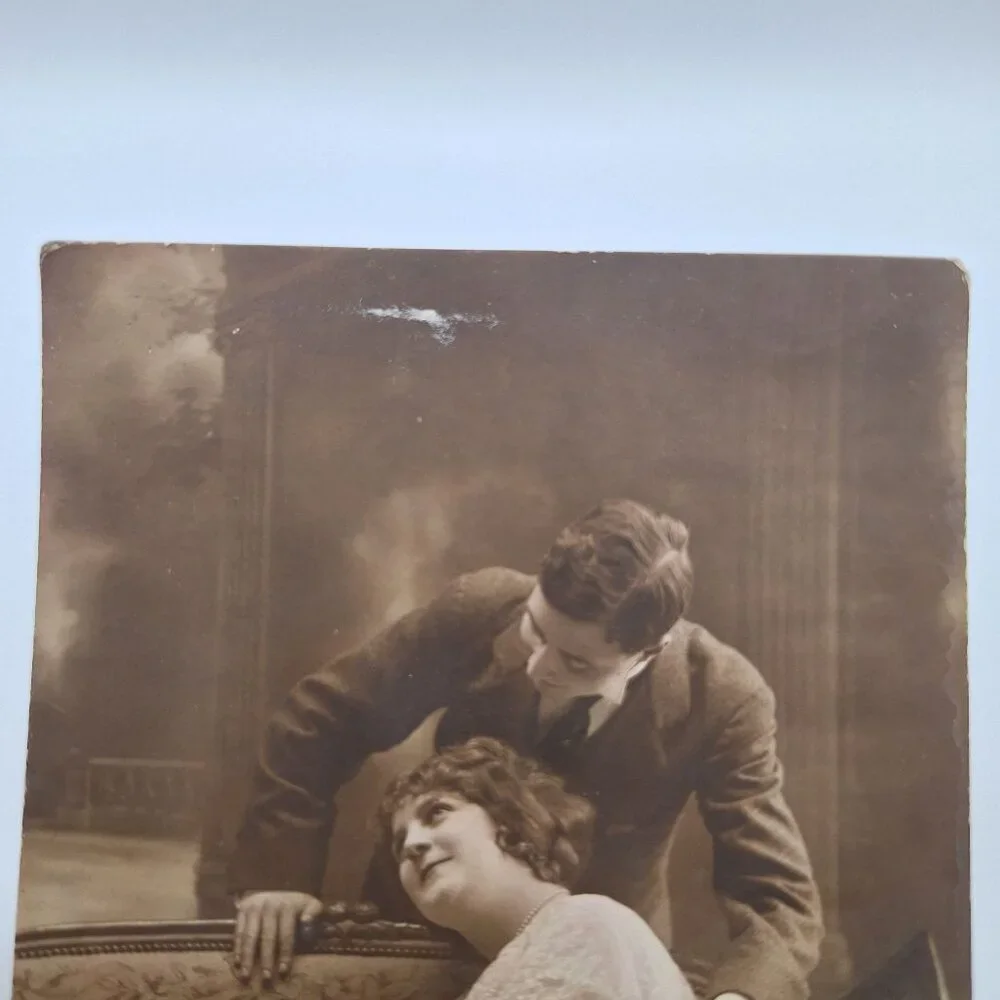 Rex Antique Romantic Postcard 1919 Sepia French Couple‎ Illustration Note Love